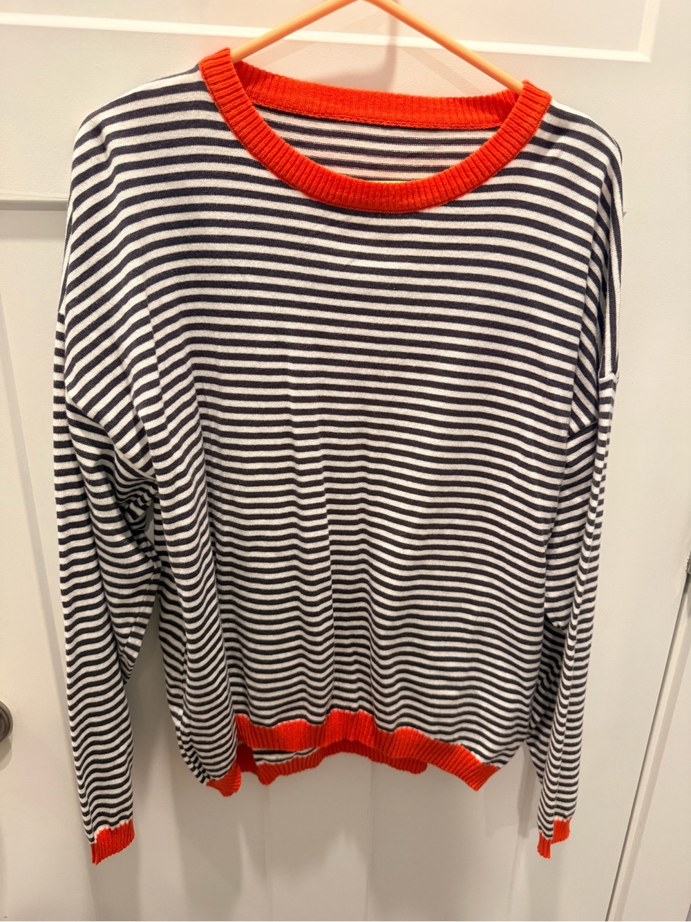 Women's M Striped Knit Sweater Navy White Orange Trim Lightweight Crewneck plvr